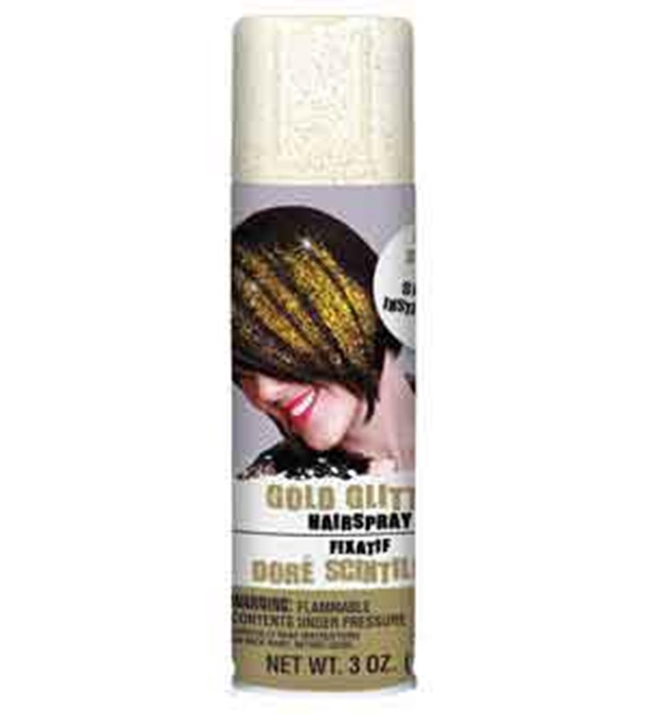 White spray can with gold glitter hair spray label and image of woman with glittered hair.