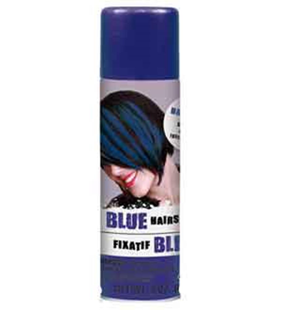 Blue hair spray can with purple cap and label showing a woman with blue streaked hair.