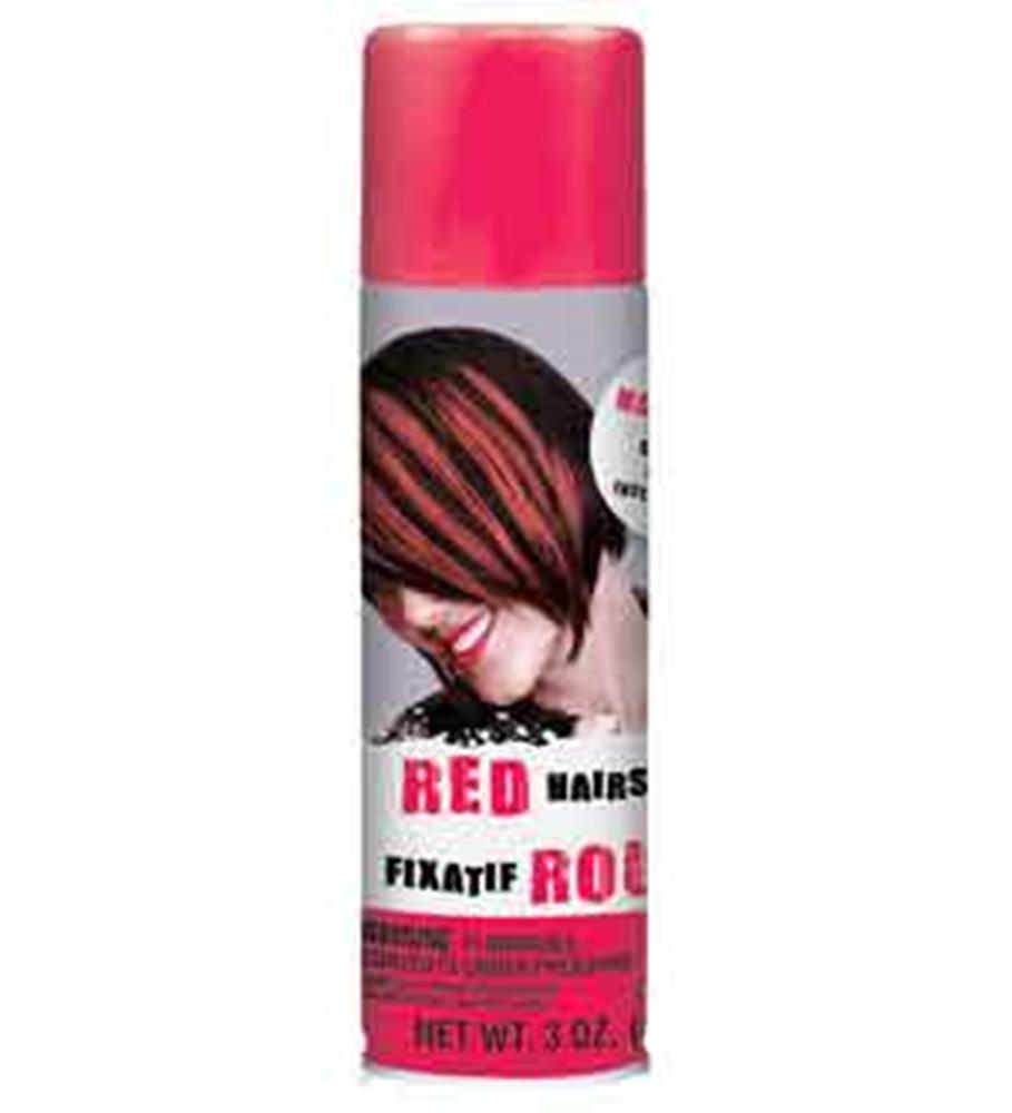 Bright red hair spray can with a pink cap and a photo of a person with red streaked hair on the label.