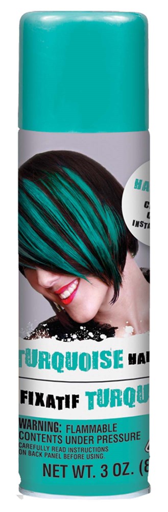 Turquoise hair spray can with a matching turquoise cap and label featuring a woman with turquoise-streaked black hair.