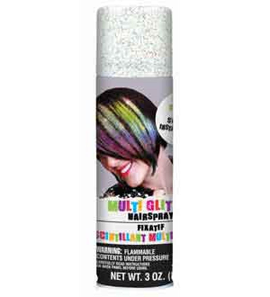 White spray can with multicolor glitter hair spray label and image of woman with rainbow glitter hair strands.