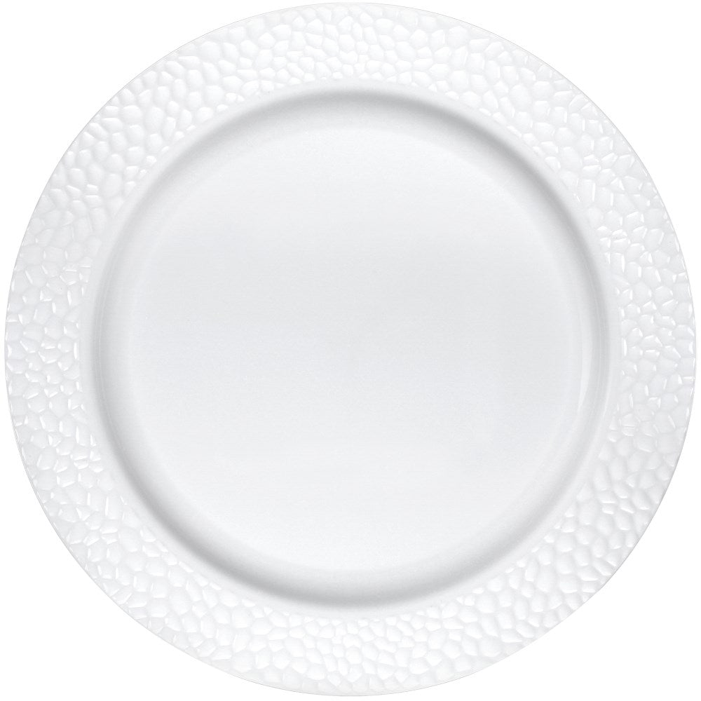 White 7-inch plastic plate with textured pebble pattern rim, disposable design.