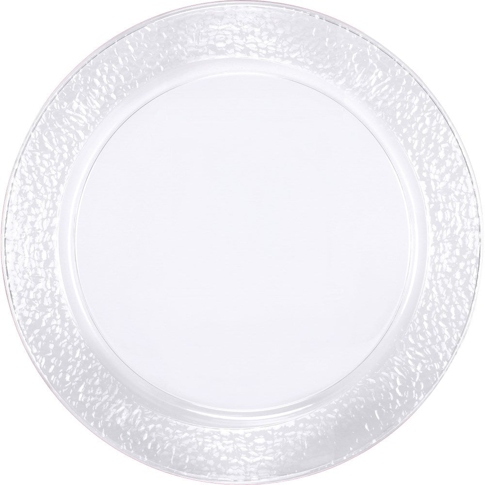 Clear round 13-inch plastic tray with textured pebble pattern rim and smooth center.