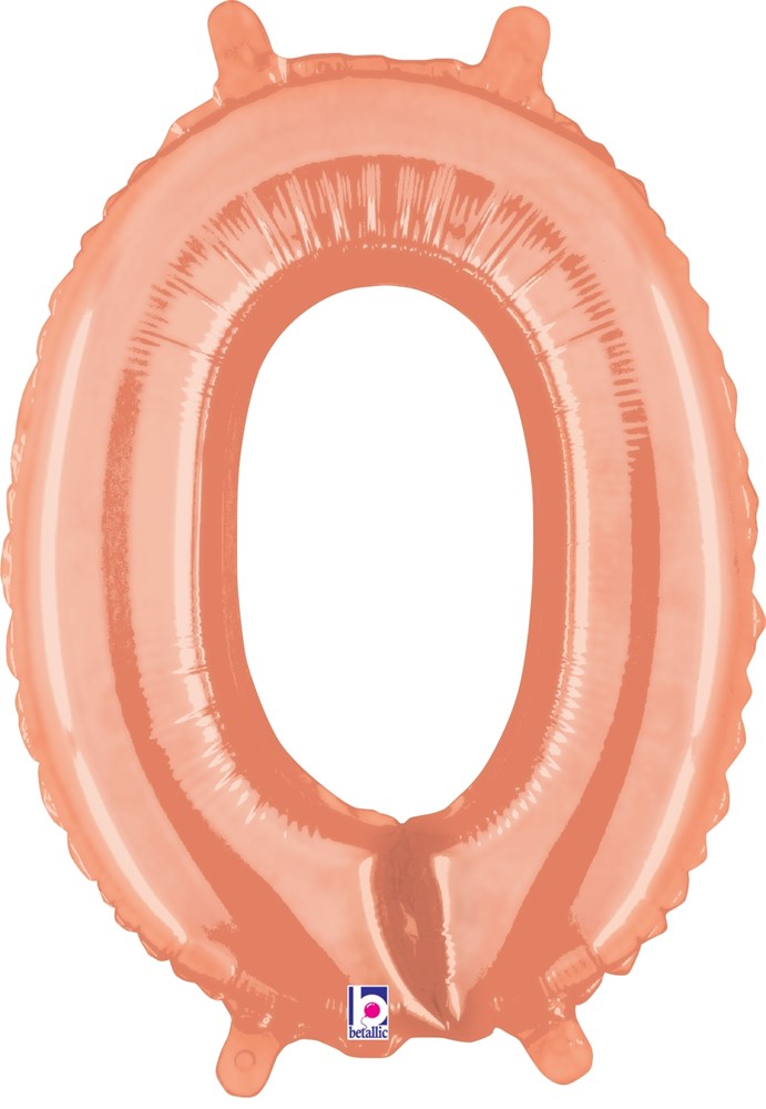 Rose gold foil balloon shaped like the number zero, 14 inches tall with a valved opening.