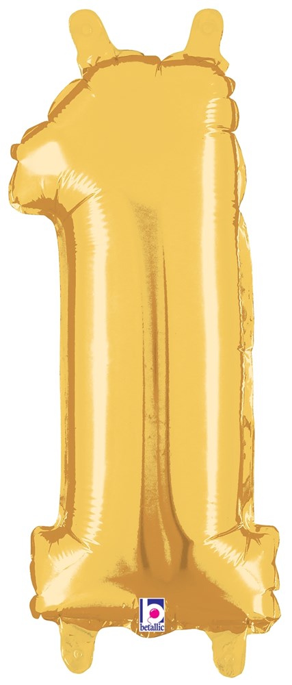 Gold foil balloon shaped like the number 1, 14 inches tall, with a valved air fill opening at the bottom.
