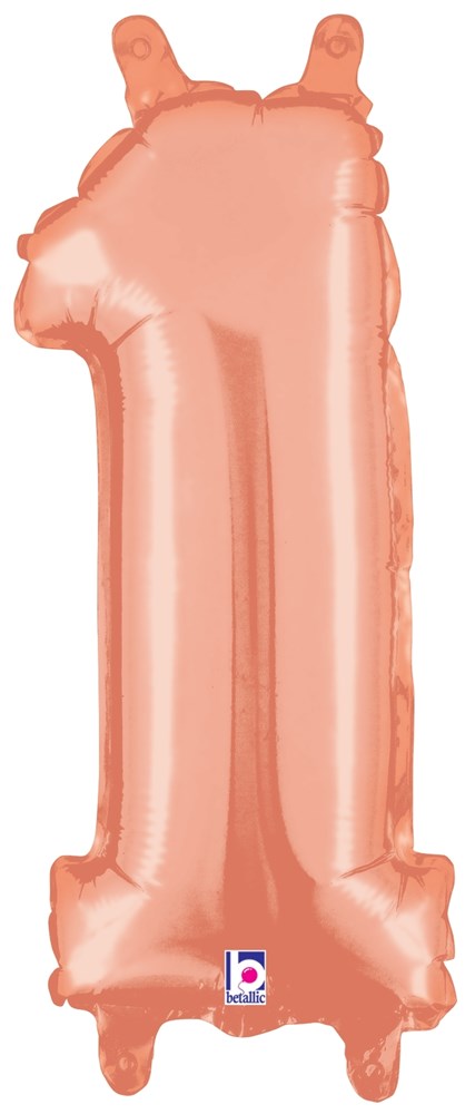 Rose gold metallic number 1 foil balloon, 14 inch valved air-filled shape.