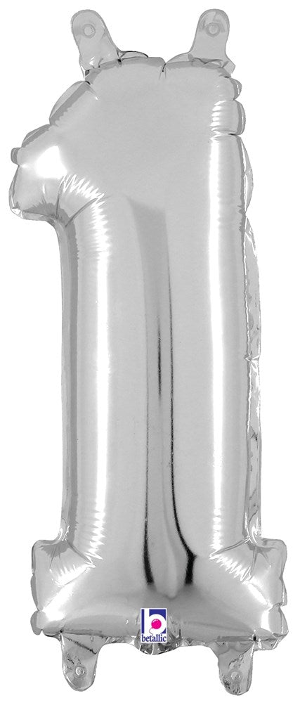 Silver metallic foil balloon shaped like the number 1 with a valved top for inflation.