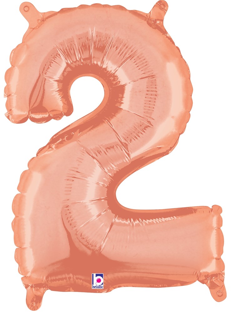 Rose gold metallic foil balloon shaped as the number 2, 14 inches tall with two valve tabs.
