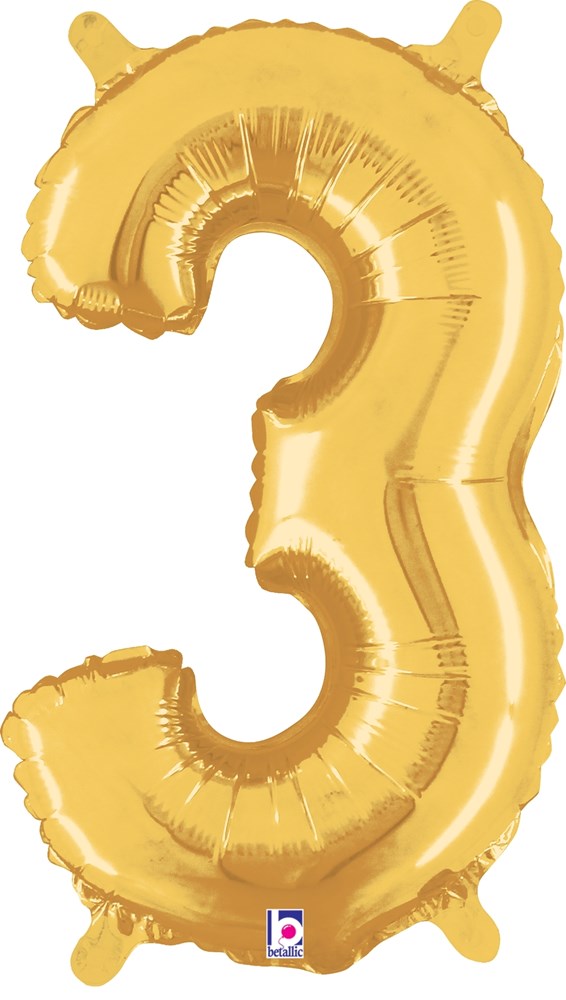 Gold foil balloon shaped like the number 3, 14 inches tall, with a valved design for air inflation.
