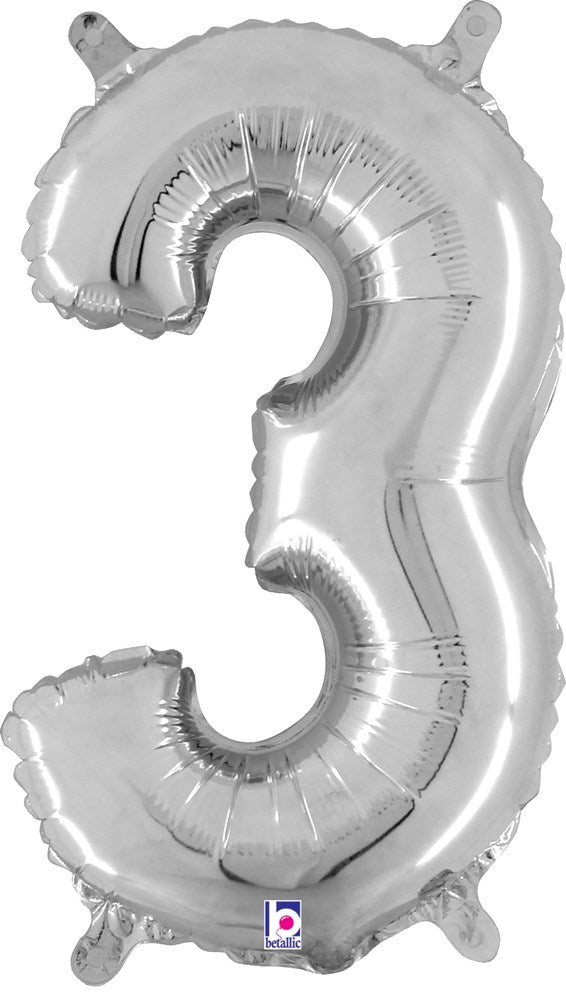 Silver metallic foil balloon shaped like the number 3, 14 inches tall with a valved air seal.