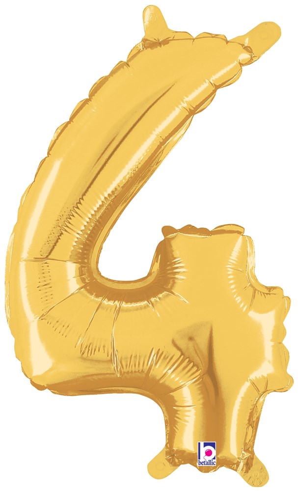 Gold foil balloon shaped as the number 4, 14 inches tall, valved and air-filled.