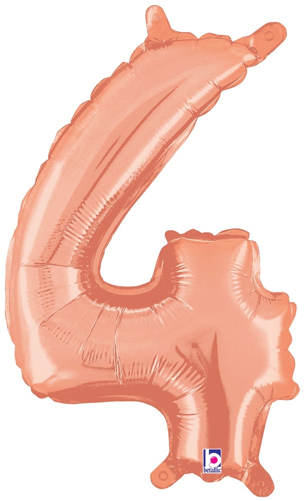 Rose gold foil balloon shaped as the number 4 with a shiny, metallic finish, 14 inches tall.