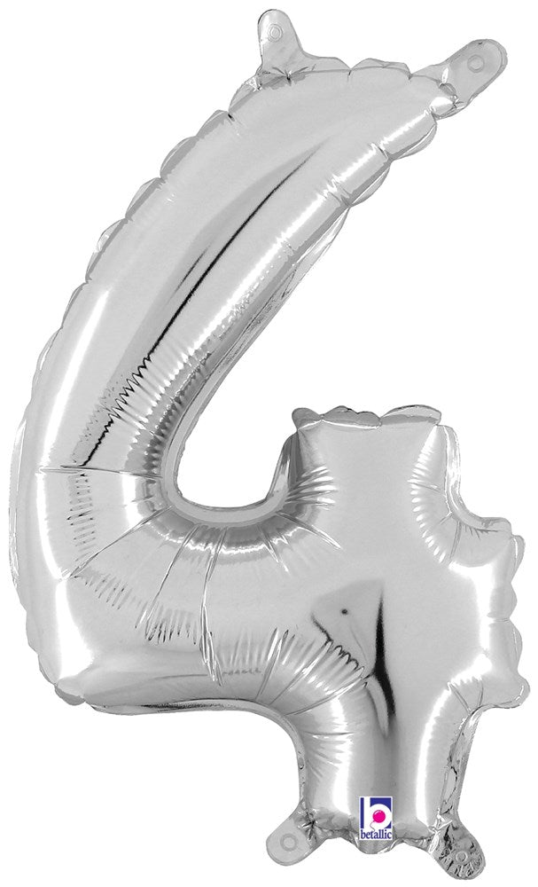 Silver foil balloon shaped as the number 4 with a valved air-filled design, 14 inches tall.