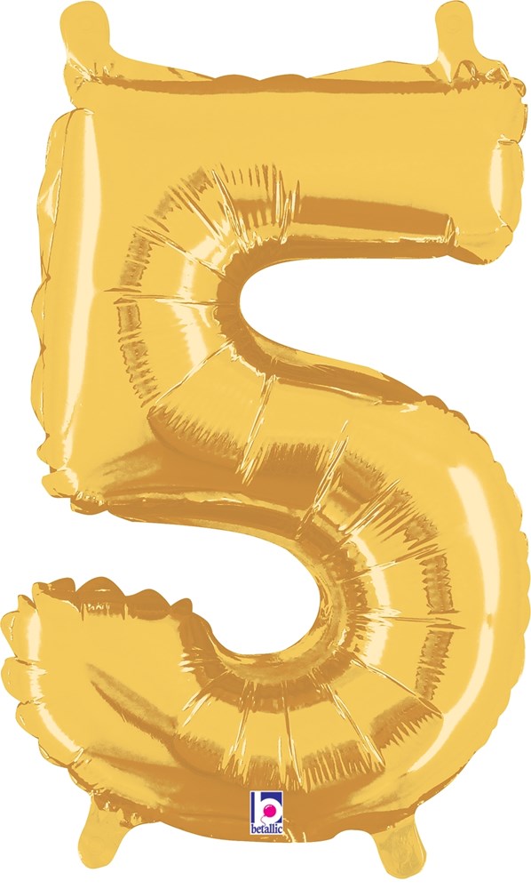 Gold foil balloon shaped like the number 5 with a 14-inch size and a valve for inflation.