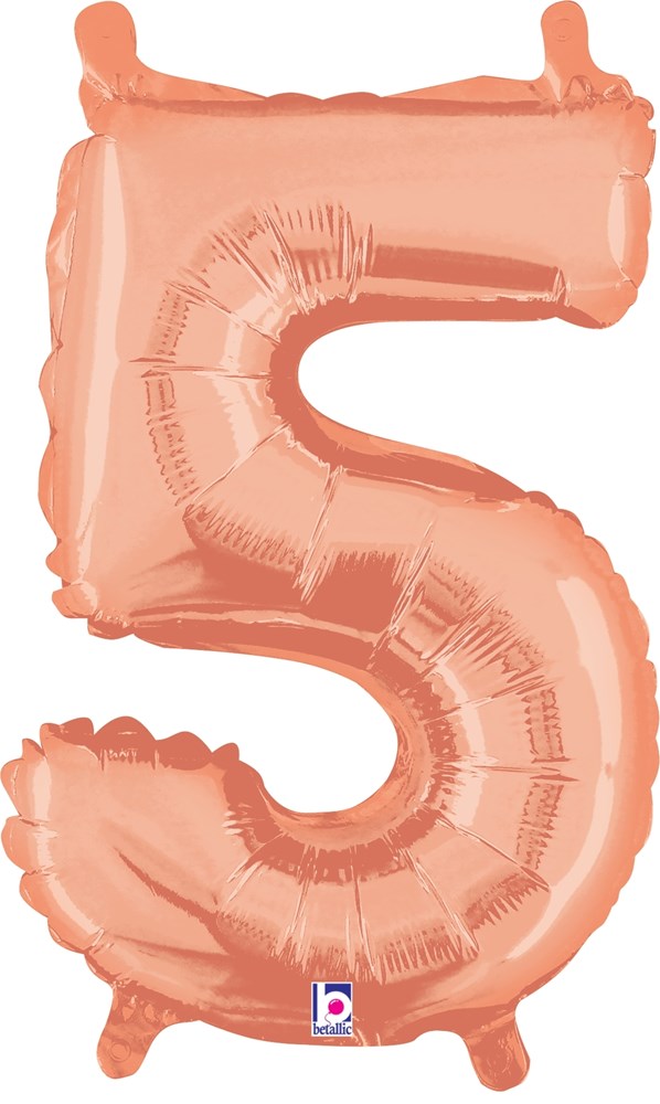 Rose gold foil balloon shaped as the number 5 with a valved top and bottom, 14 inches tall.