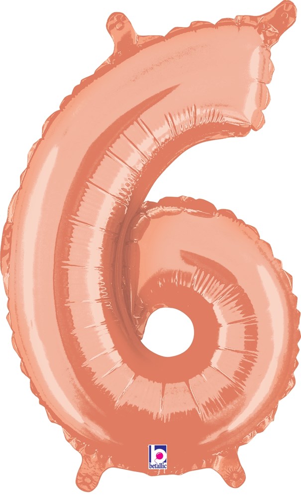 Rose gold foil balloon shaped as the number 6 with valved air-filled design, 14 inches tall.