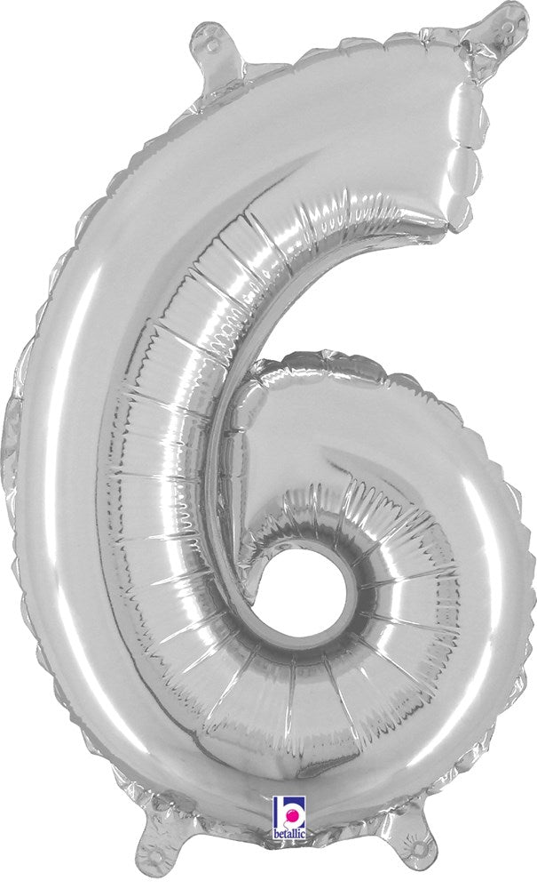 Silver foil balloon shaped like the number 6, 14 inches tall, with a valve for inflation.
