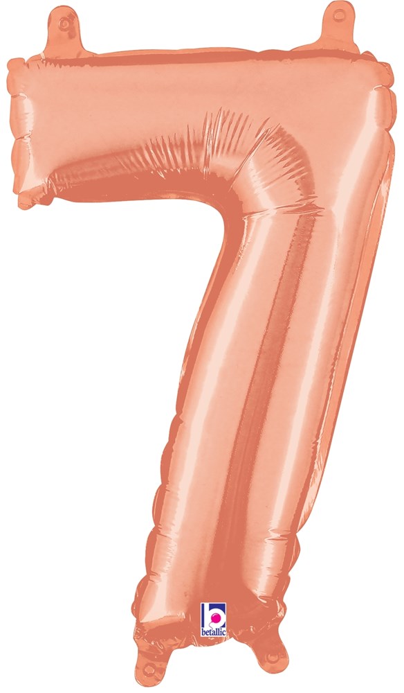 Rose gold metallic foil balloon shaped as the number 7, 14-inch valved air-filled design.
