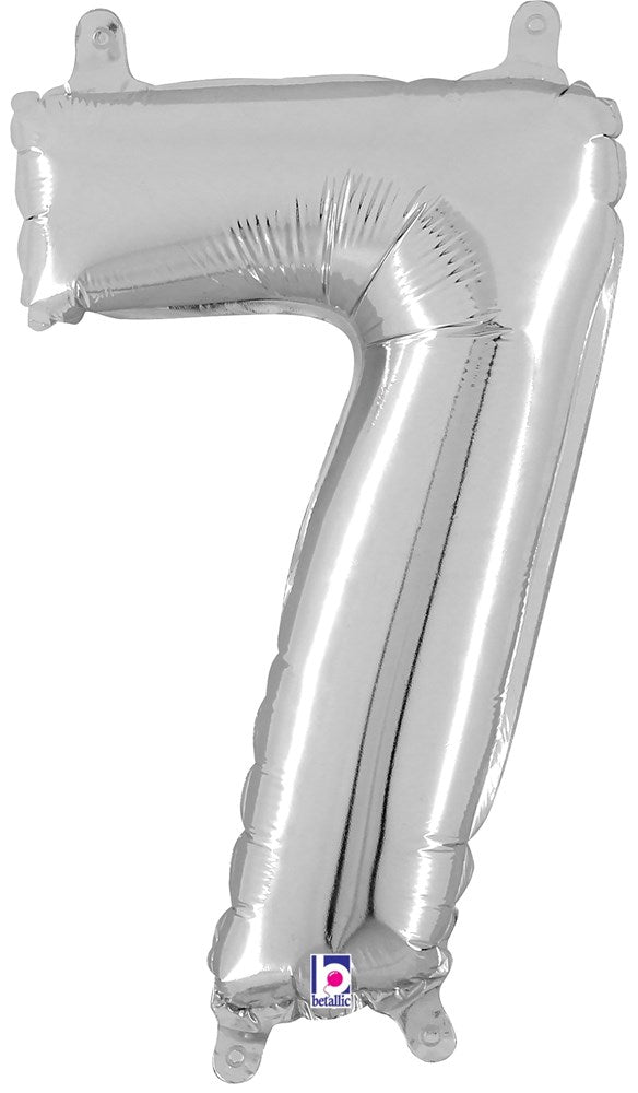 Silver metallic 14-inch number 7 shaped helium balloon with valve tabs at top and bottom.