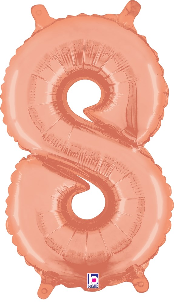 Rose gold foil balloon shaped as the number 8, 14 inches tall, with self-sealing valve.