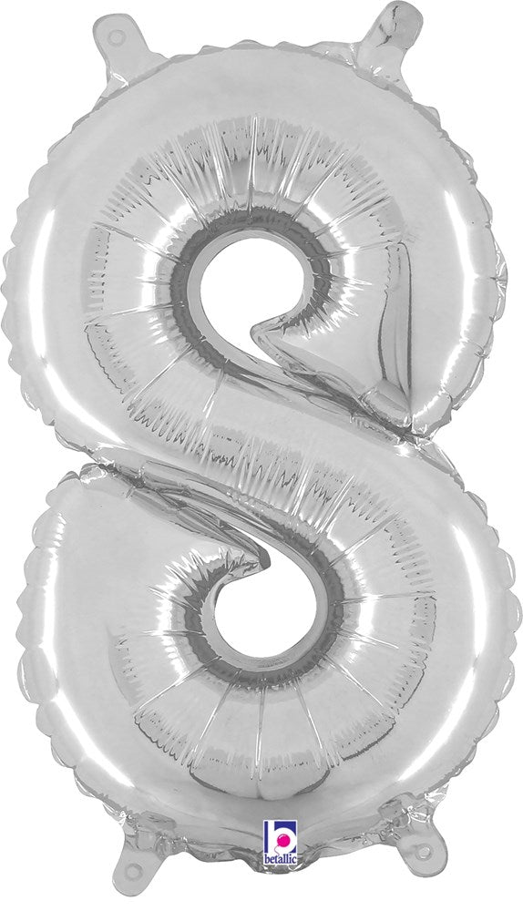 Silver metallic foil balloon shaped like the number 8 with a valved air inlet, 14 inches tall.
