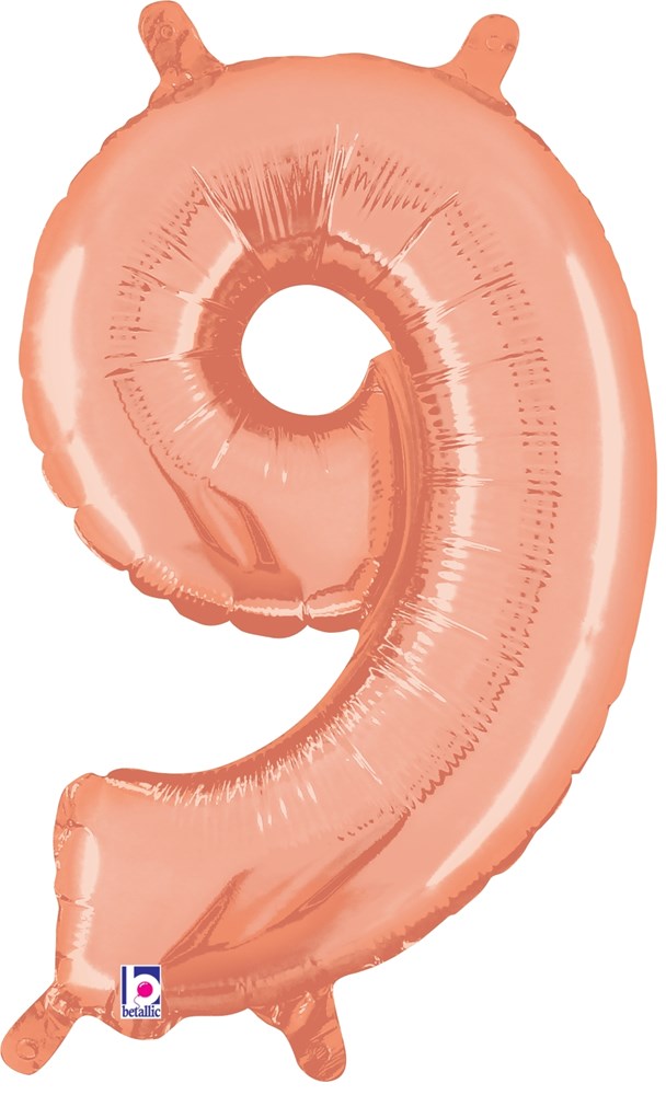 Rose gold foil balloon shaped as the number 9, 14 inches tall, air-filled design with valved seal.