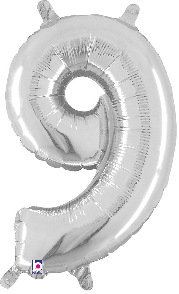 Silver metallic foil balloon shaped as the number 9, 14-inch valved air-filled design.