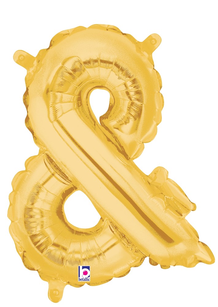 Gold foil ampersand-shaped balloon with a shiny metallic finish and valved air seal.