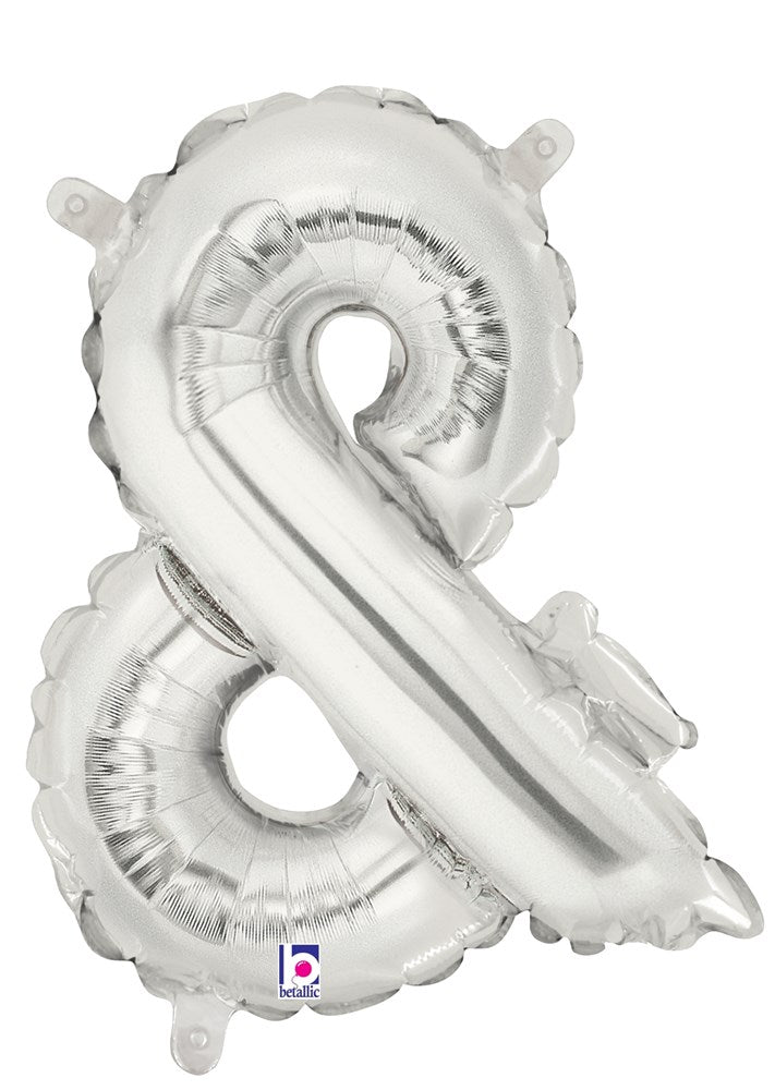 Silver metallic 14-inch ampersand-shaped balloon with valved air seal.