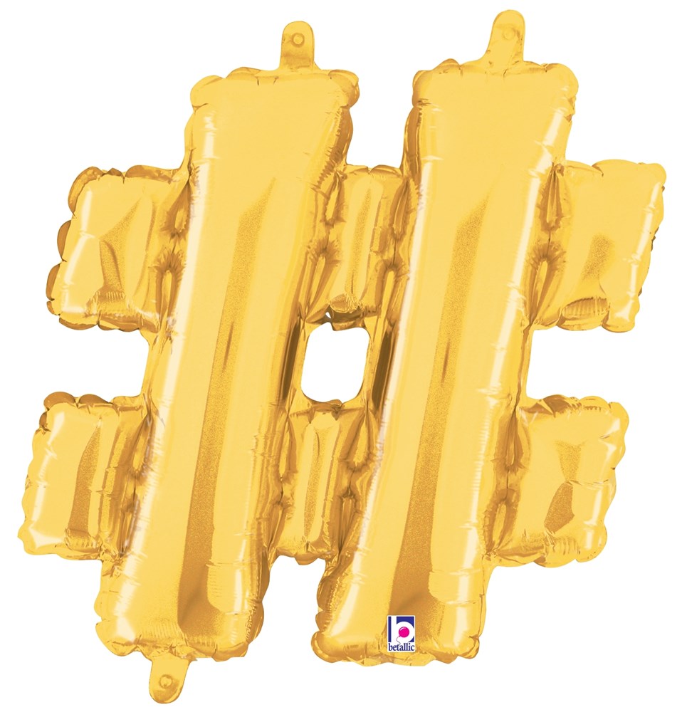 Gold foil hashtag-shaped balloon with a shiny, reflective surface and a valved top loop.
