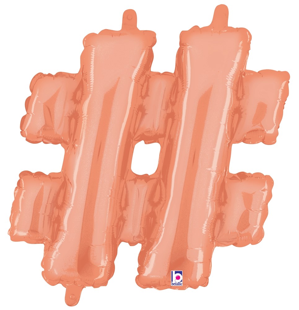 Rose gold metallic foil balloon shaped like a 14-inch hashtag symbol with a valved air-filled design.