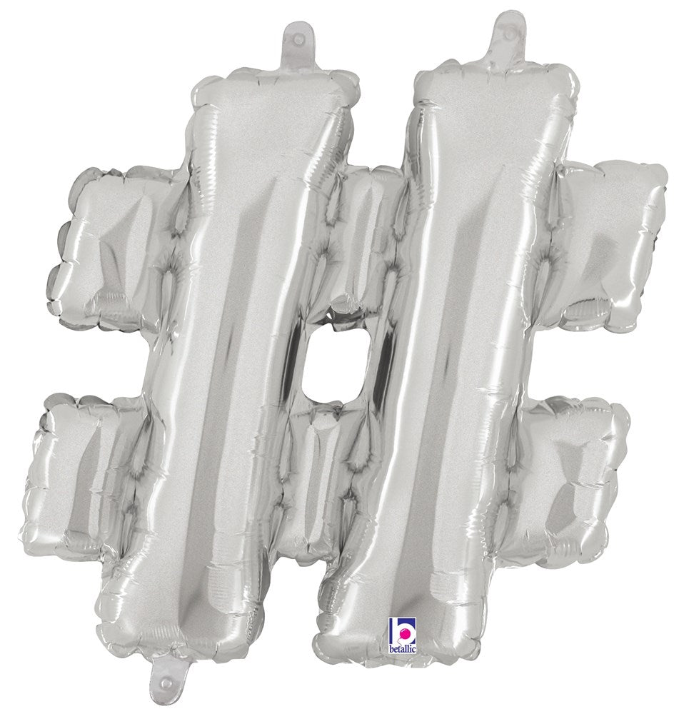 Silver metallic 14-inch foil balloon shaped like a hashtag symbol with a valved top tab.