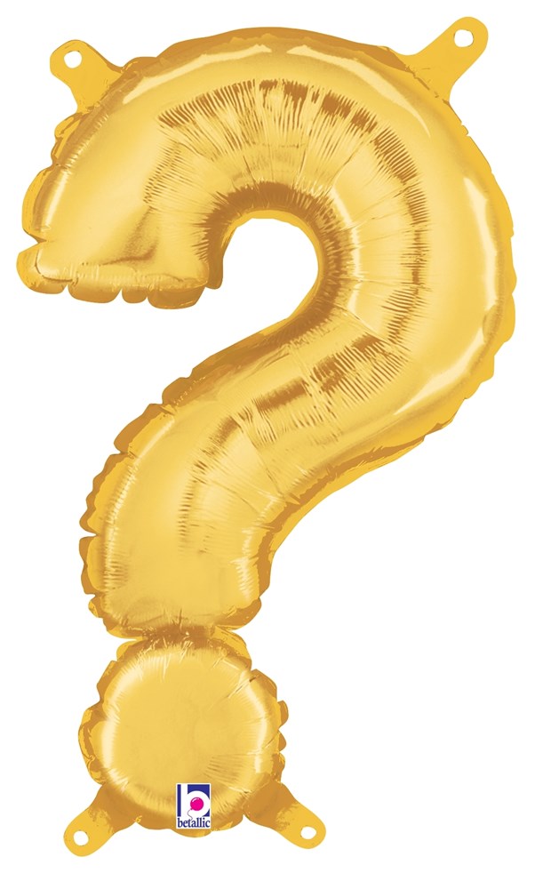 Gold foil balloon shaped like a 14-inch question mark with a valved air-filling tab.