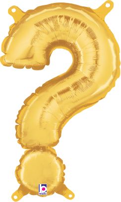 Gold metallic foil balloon shaped like a large question mark with a small round base, 14 inches tall.