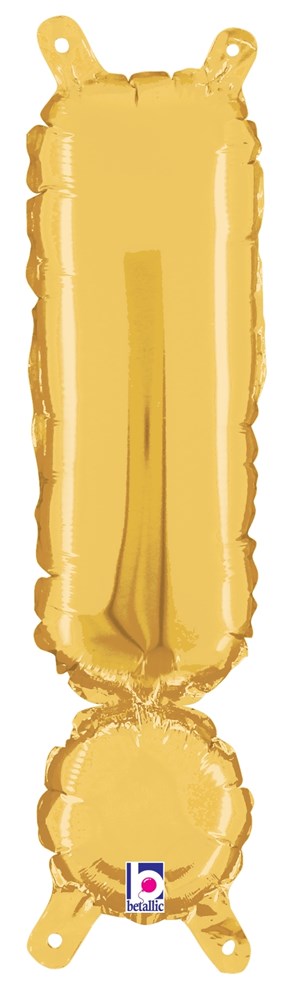 Gold foil exclamation point balloon, 14-inch valved air-filled shape with two hanging tabs.