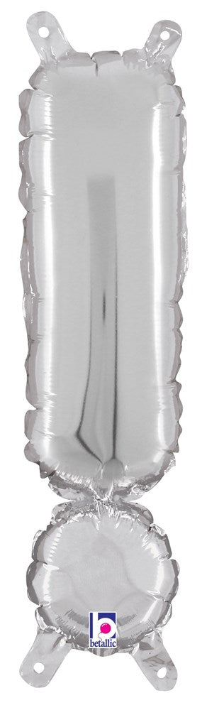 Silver foil balloon shaped like an exclamation point with valved top and bottom tabs, 14 inches tall.