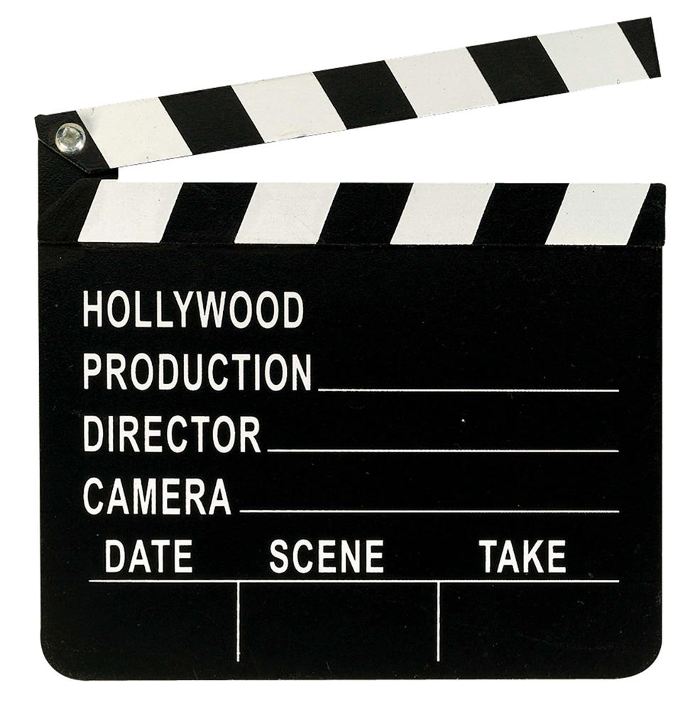 Black and white wooden Hollywood director clapboard with labeled sections for production, director, camera, date, scene, and