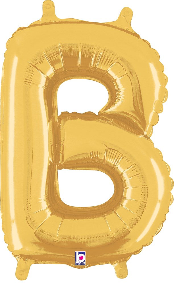 Gold metallic foil balloon shaped like the letter B, 14 inches tall, air-filled with two small tabs at the top for hanging.
