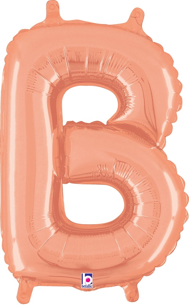 Rose gold foil balloon shaped like the letter B, 14-inch valved air-filled design.