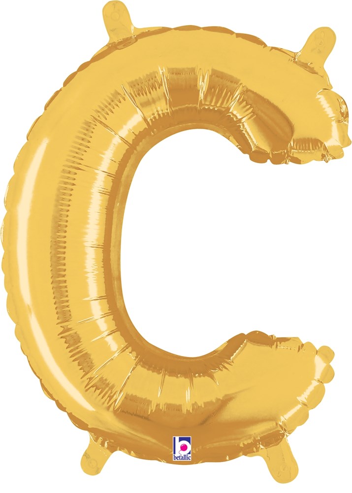 Gold foil balloon shaped like the letter C, 14 inches tall with valved air-filled design.
