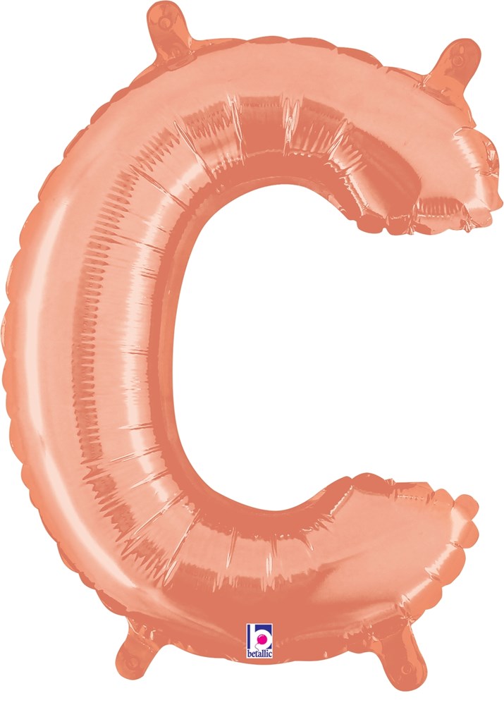 Rose gold foil balloon shaped like the letter C, 14 inches with small valve tabs.