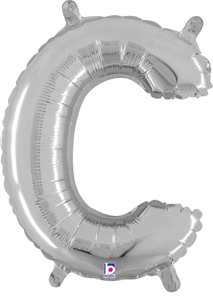 Silver metallic 14-inch foil balloon shaped like the letter C with four small tabs for hanging.