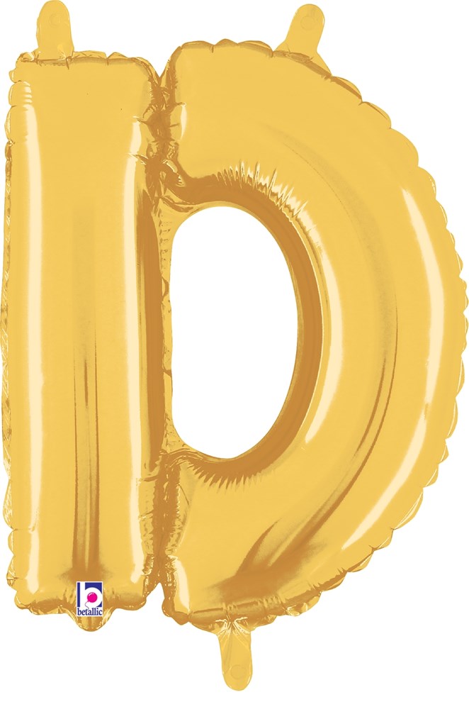 Gold foil balloon in the shape of the letter D, 14 inches tall with a shiny metallic finish.