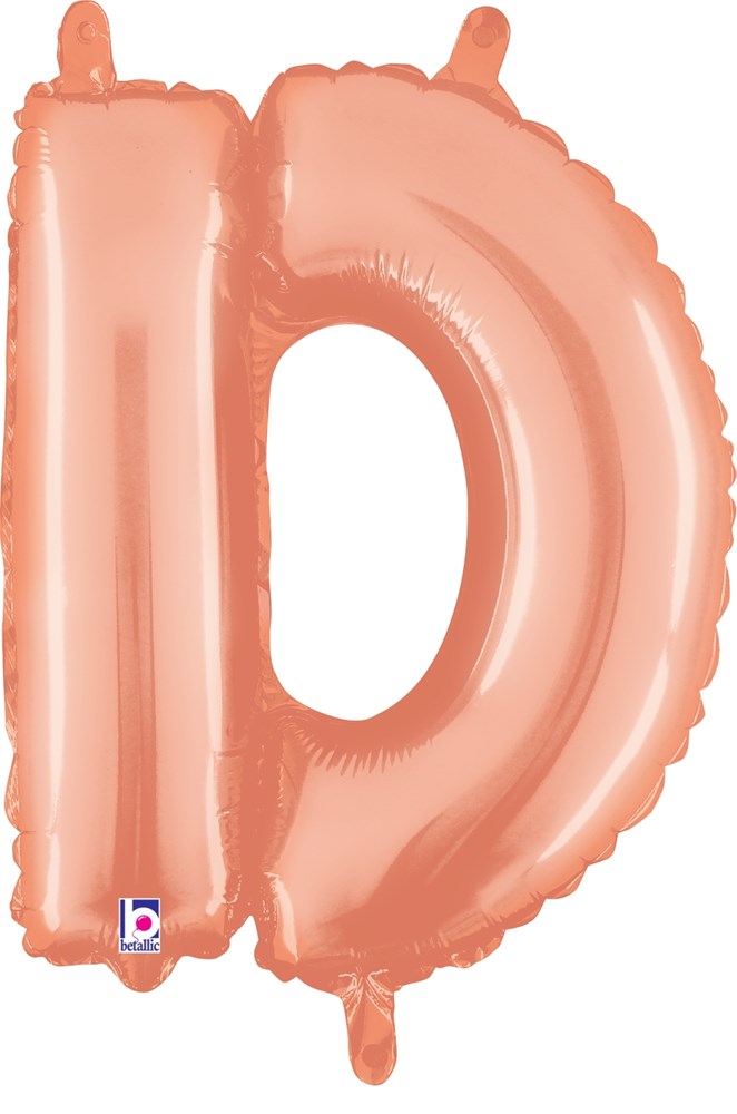 Rose gold foil balloon shaped as the letter D, 14-inch size with visible valve tabs.