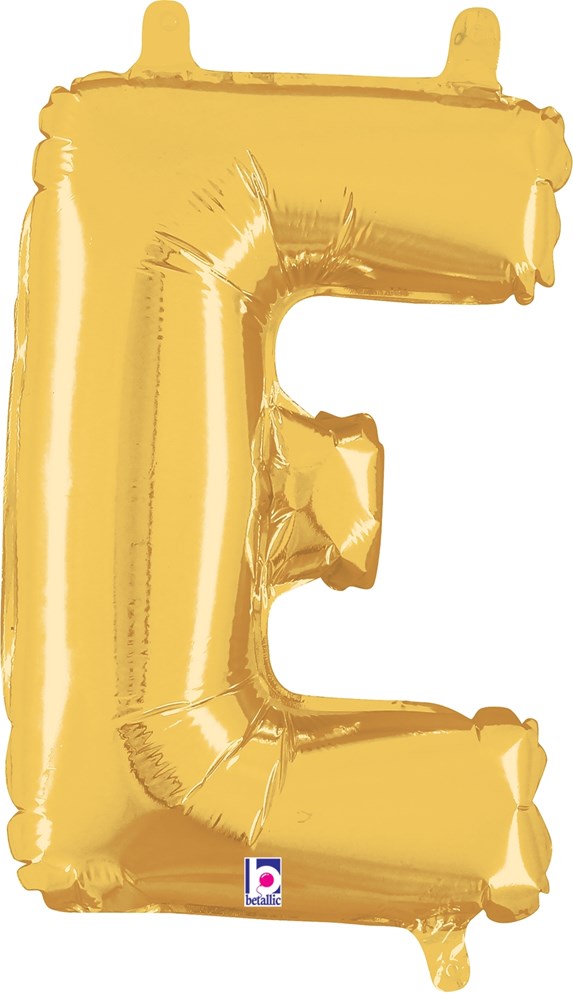Gold foil balloon in the shape of the letter E with a valved air-filled design.