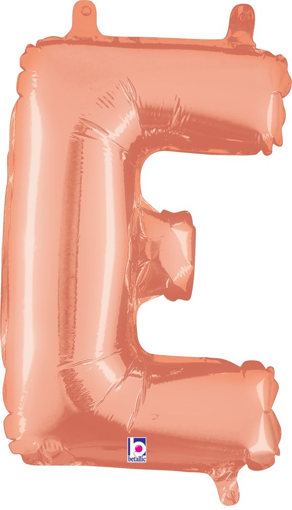 Rose gold foil balloon shaped like the letter E, 14 inches, with valved air-filled design.