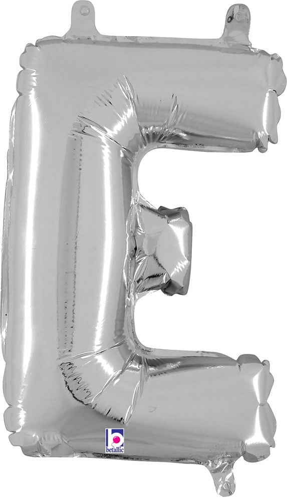 Silver foil balloon shaped like the letter E, 14 inches tall with a valved air-fill design.