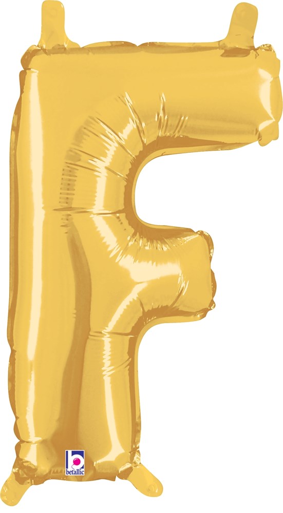 Gold metallic 14-inch foil balloon shaped like the letter F with a valved top and smooth surface.