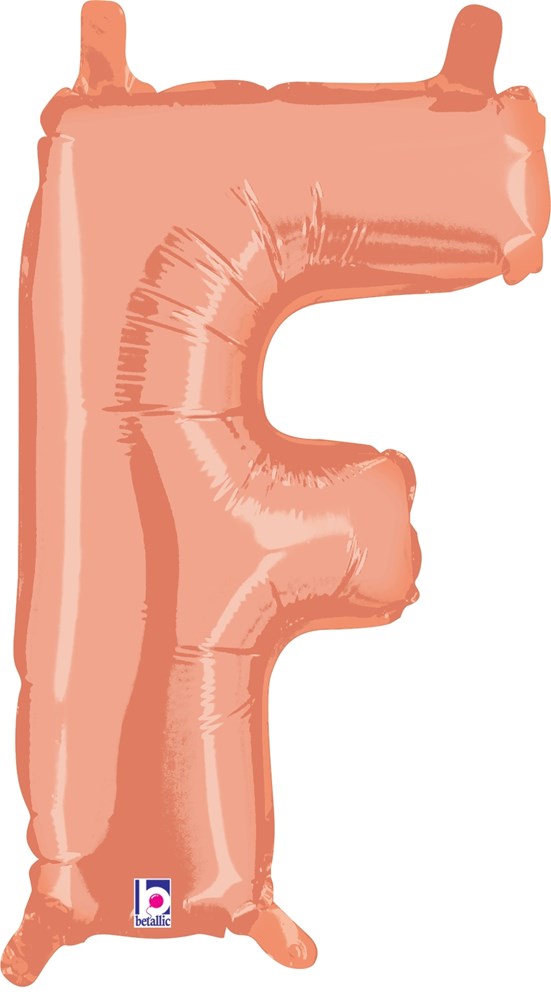 Rose gold metallic foil balloon shaped like the letter F, 14-inch size with valved air-fill feature.
