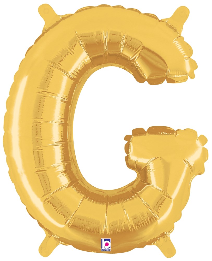 14-inch gold metallic foil balloon shaped like the letter G with a valved seal.
